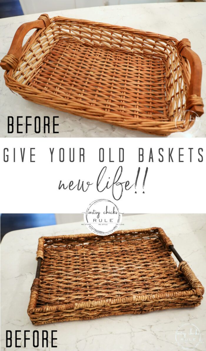 the before and after of a wicker tray with text overlay that says, give your old baskets new life