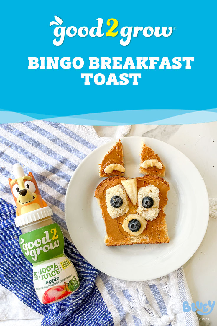 a white plate topped with toast next to a bottle of juice and an owl face