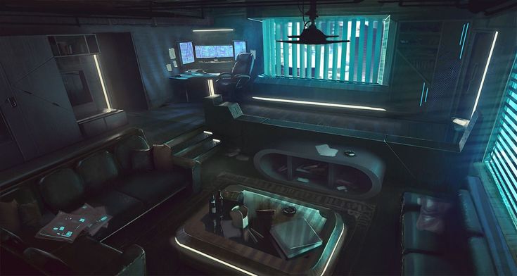 a sci - fi living room is lit up with green lights and some sort of computer equipment