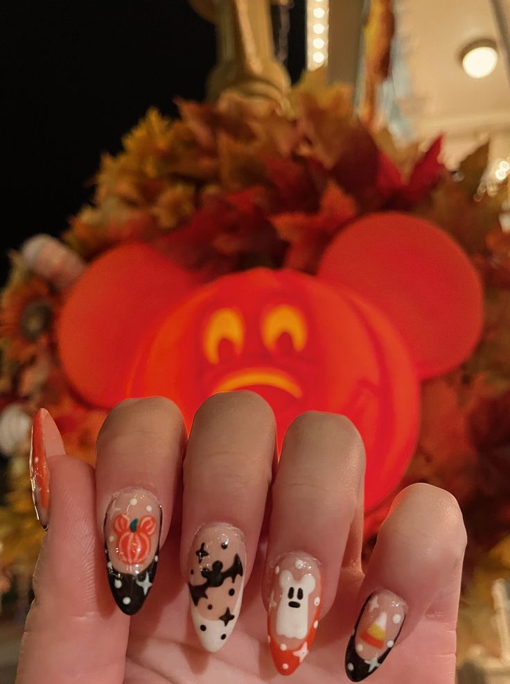 Disney Halloween Nails 2023 Mickey’s Not So Scary Halloween Party Magic Kingdom Disney World Disney Inspired Halloween Nails, Spooky Mickey Nails, Simple Disney Halloween Nails, Halloween Mickey Nails, Disney Halloween Nails Acrylic, Spooky Disney Nails, Mickey Halloween Nails, Disney Nails Halloween, Disney Fall Nails