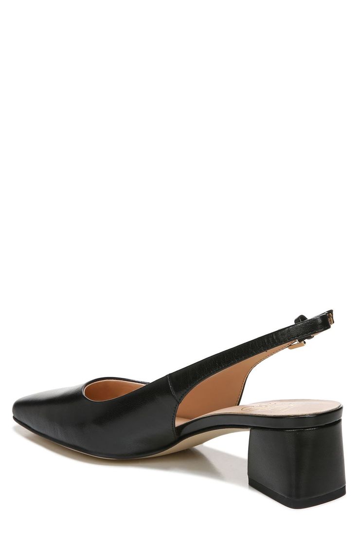 A sophisticated and refined leather pump with a slingback strap and balanced upon a block heel offers a versatile, en vogue style for any look. 1.75" heel Pointed toe Adjustable slingback strap with buckle closure Cushioned insole Leather upper, synthetic sole Imported Black Slingback Pumps With 4-inch Heel For Work, Black Slingback Pumps With 4-inch Heel For Business, Modern Black Slingback Pumps With 4-inch Heel, Black Slingback Pumps With 4-inch Heel, Vogue Style, Black Synthetic Slingback Pumps With 4-inch Heel, Franco Sarto Shoes, Franco Sarto, Womens Shoes High Heels