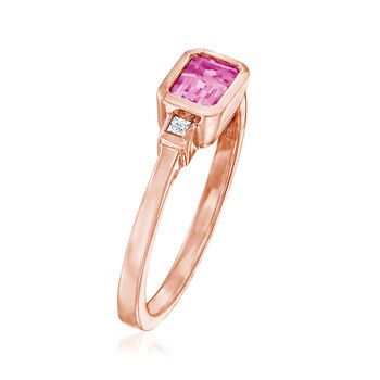 Ross-Simons - .60ct Pink Tourmaline, Diamond-Accented Ring in 14kt Rose Gold. Size 6. In the middle of a sleek 14kt rose gold band is a .60 carat emerald-cut pink tourmaline mounted in a horizontal setting and flanked by diamond accents. Our elegant east-west ring has an enticingly understated charm. 3/16" wide. Pink tourmaline ring. Accented Ring, Pink Tourmaline Ring, Baguette Ring, Rose Gold Band, Tourmaline Ring, Pink Ring, East West, Gold Band, Pink Tourmaline