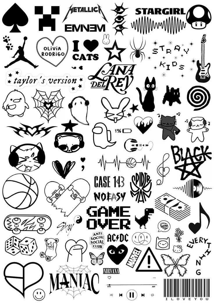 the back side of a black and white poster with many different designs on it, including letters