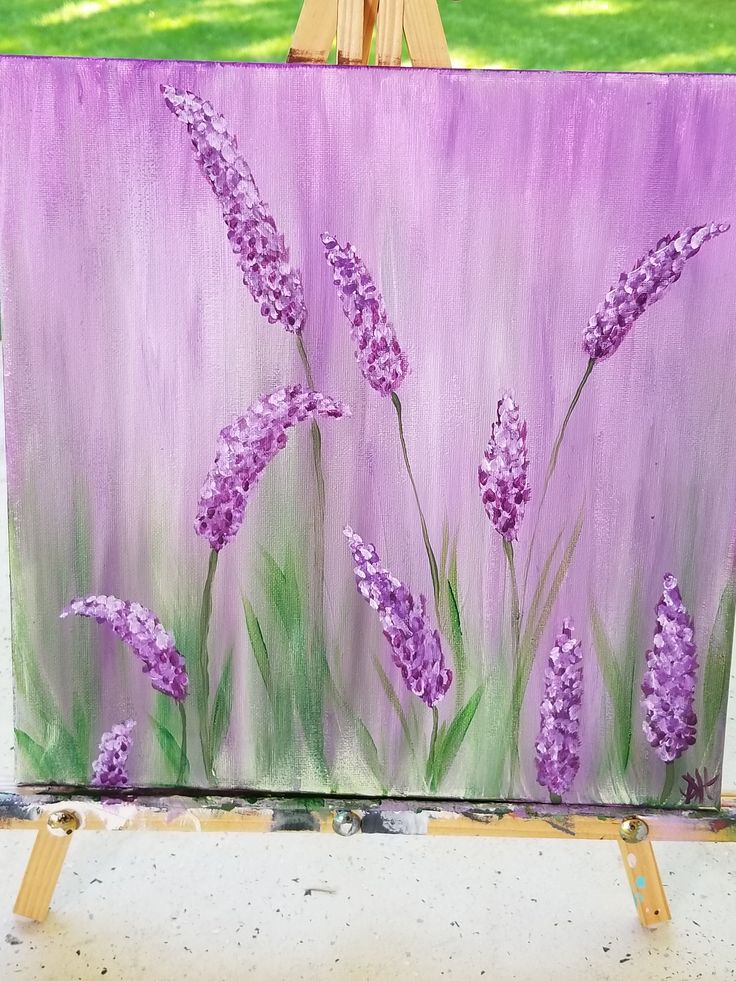 a painting of purple flowers in front of a green field with trees and grass behind it