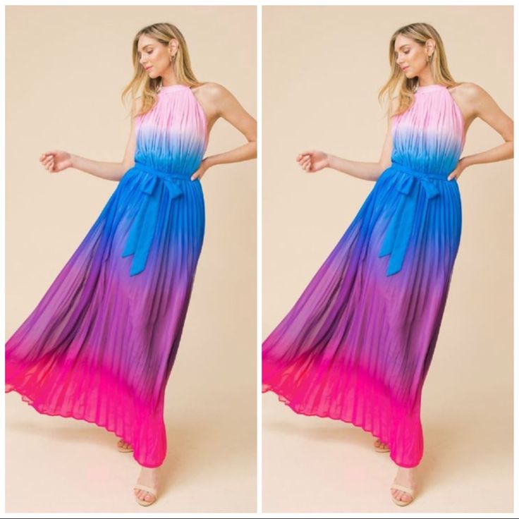 Running Through The Gardens Maxi Dress A Semi-Sheer Pleated Maxi Dress Featuring A Vibrant Ombr Multicolored Wash, High Banded Neckline, Elasticized Waist, Open Back, Back Button Loop Closure, Removable Self-Tie Sash, Woven Lining, And A Flowy Silhouette. Tall Girl Friendly. Summer Party Maxi Dress In Purple, Purple Sundress Maxi Dress For Spring, Purple Sundress Maxi Dress For Party, Purple Sundress Maxi For Spring, Casual Purple Maxi Dress For Party, Vici Dress, Flying Tomato Dress, Fiesta Dress, Ombre Maxi Dress