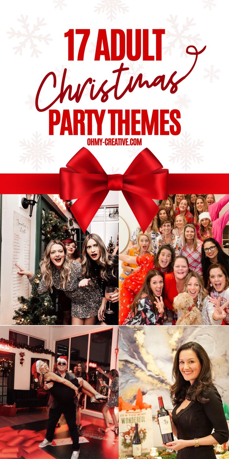 a collage of christmas party themes and photos