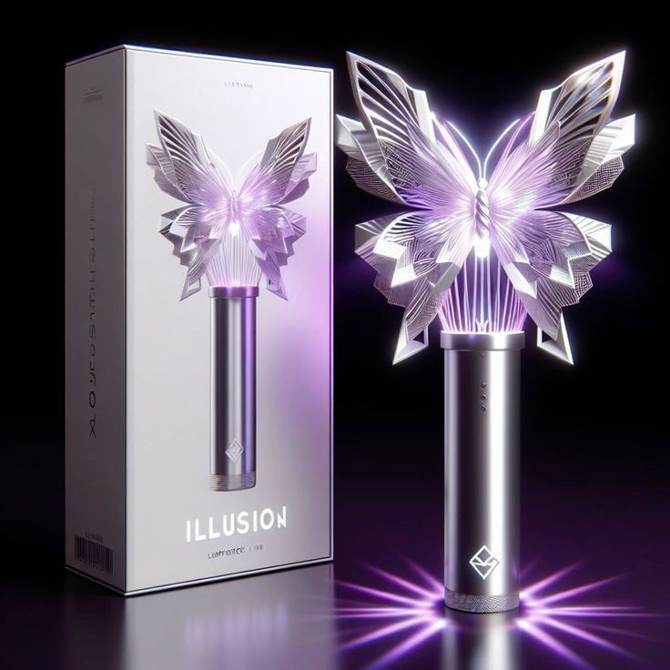 the light up butterfly bottle is in front of a box with its wings on it