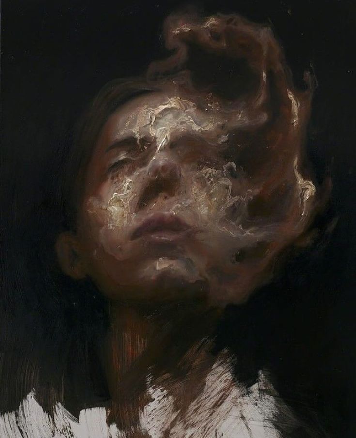 a painting of a woman's head with her eyes closed and hair blowing in the wind