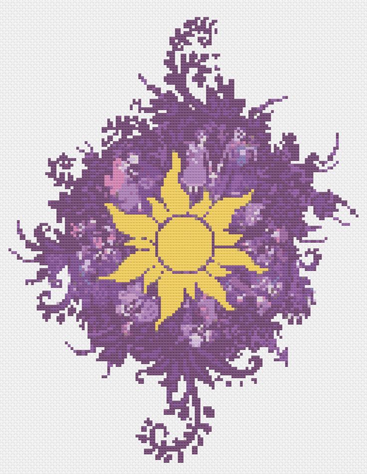 a cross - stitch sunflower in purple and yellow