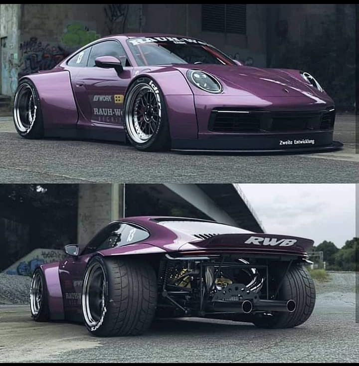 two pictures of a purple sports car with chrome rims and wheels, one showing the engine