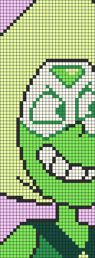 an image of the grin face in green and purple colors on a cross stitch pattern