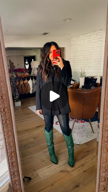 Stephanie Joplin on Instagram: "Get the fun boots! Nothing beats an all black outfit, and some fun accessories! 💚🖤 These boots minimally stocked in this color, but I linked up some other fun green boots. Click that first link in my bio to shop! #midsizefashion #midsizestyle #festivewear" Tall Green Boots Outfit, Teal Boots Outfit, Green Cowgirl Boots Outfits, Green Boots Outfit Winter, Sparkle Cowboy Boots Outfit, Green Booties Outfit, Green Cowboy Boots Outfit, Glitter Boots Outfit, Green Boots Outfit