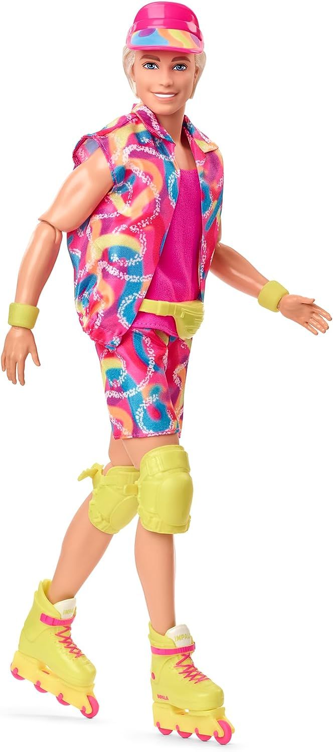 a barbie doll wearing roller skates and a colorful outfit with pink, blue, yellow and green accents