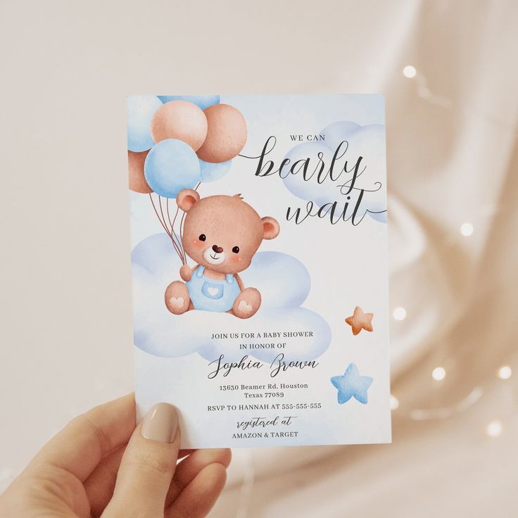 Teddy Bear Watercolor Boy Baby Shower Invitation Teddy Bear Watercolor, Teddy Bear Baby Shower Invitations, Blue Baby Shower Invitations, Boy Shower Invitations, Modern Baby Shower Invitations, Bear Watercolor, Gender Neutral Baby Shower Invitations, We Can Bearly Wait, Bear Invitations