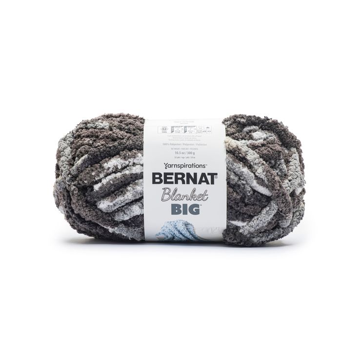 bernat classic big yarn ball in grey and white with a tag on the front