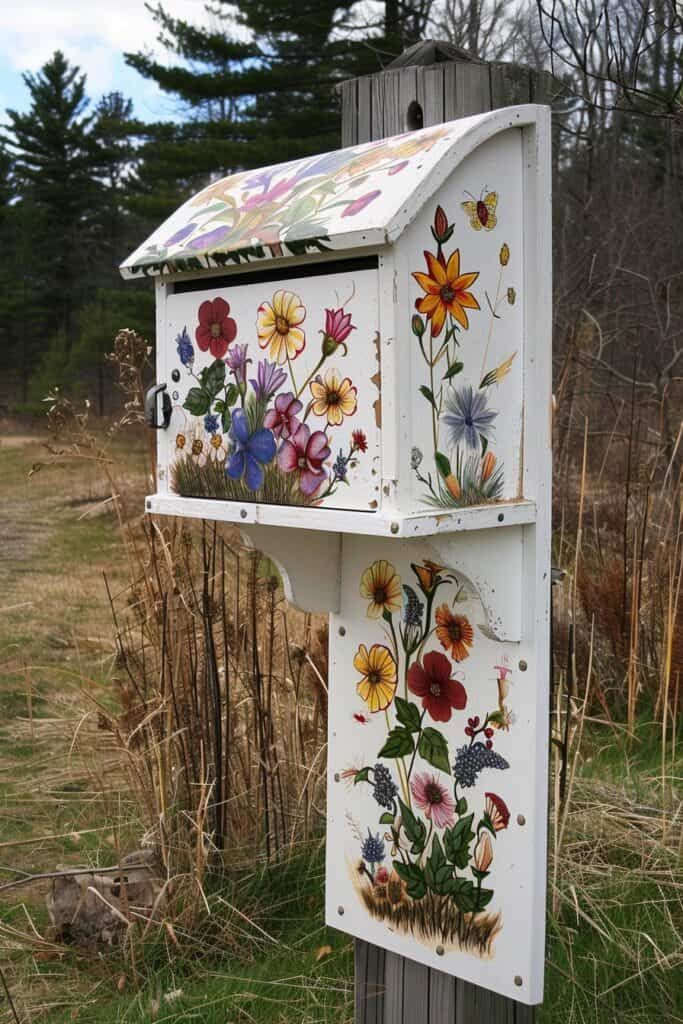 a painted mailbox sitting on top of a wooden post in front of some grass and trees