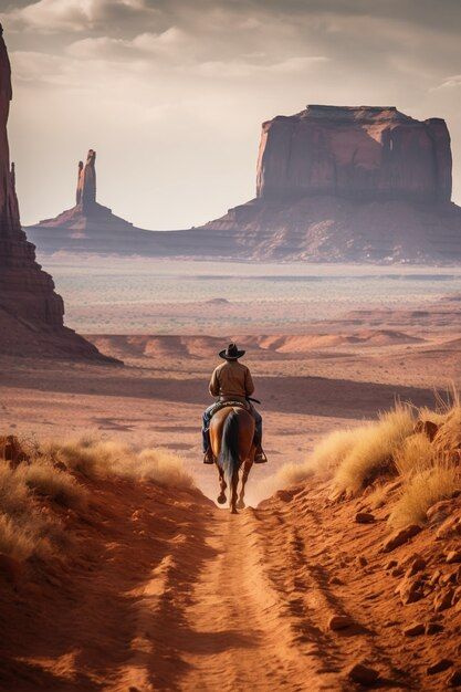 a man riding on the back of a horse down a dirt road