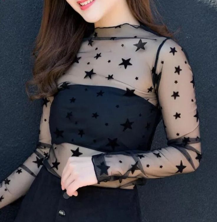 Transparent Mesh Top Black Moon & Stars Celestial Cute - Etsy Black Chiffon Shirt, Lace Top Blouse, Turtleneck T Shirt, Womens Tops Dressy, Mesh Blouse, Black Chiffon, Bottoming Shirt, Basic Long Sleeve, Chiffon Shirt