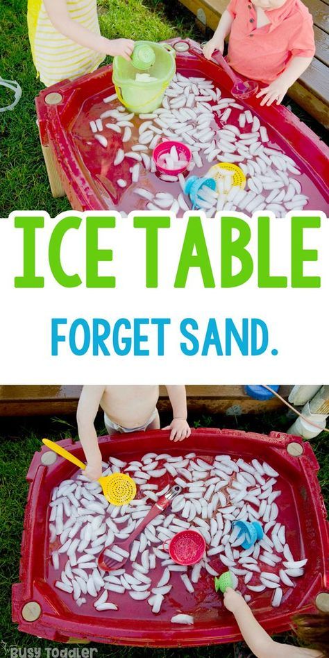 two children playing in an ice table with the words forget sand on top and below