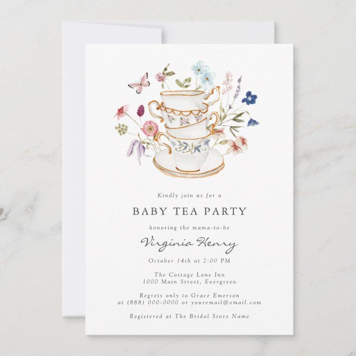 a baby tea party with flowers and butterflies on the front, in white carding