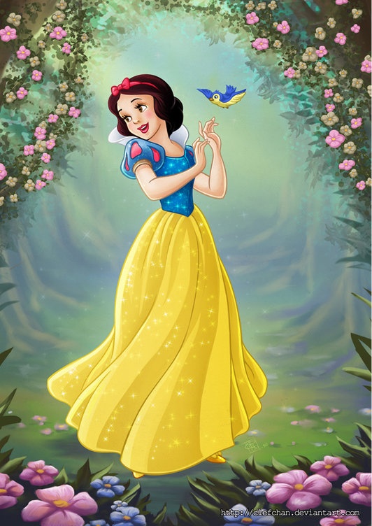 snow white from disney's animated movie is shown in front of flowers and trees