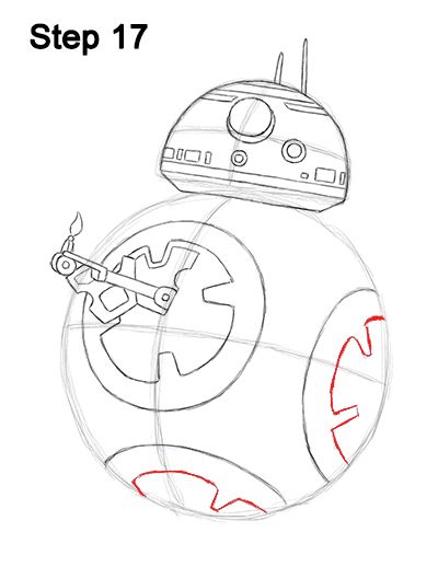 the star wars bb - 8 paper model is shown in red and blue ink on white paper