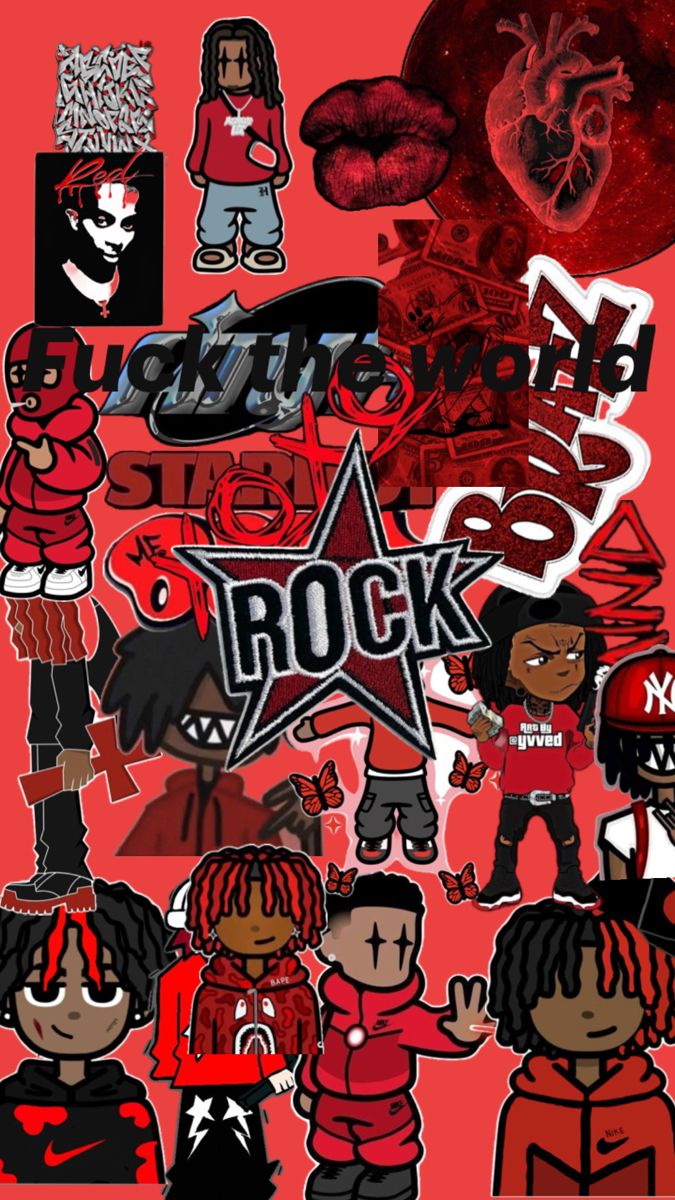 various stickers are arranged on a red background