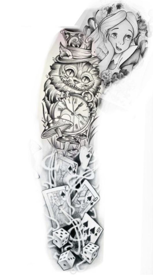 an arm with some tattoos on it and a cat in top hat, playing cards and dice