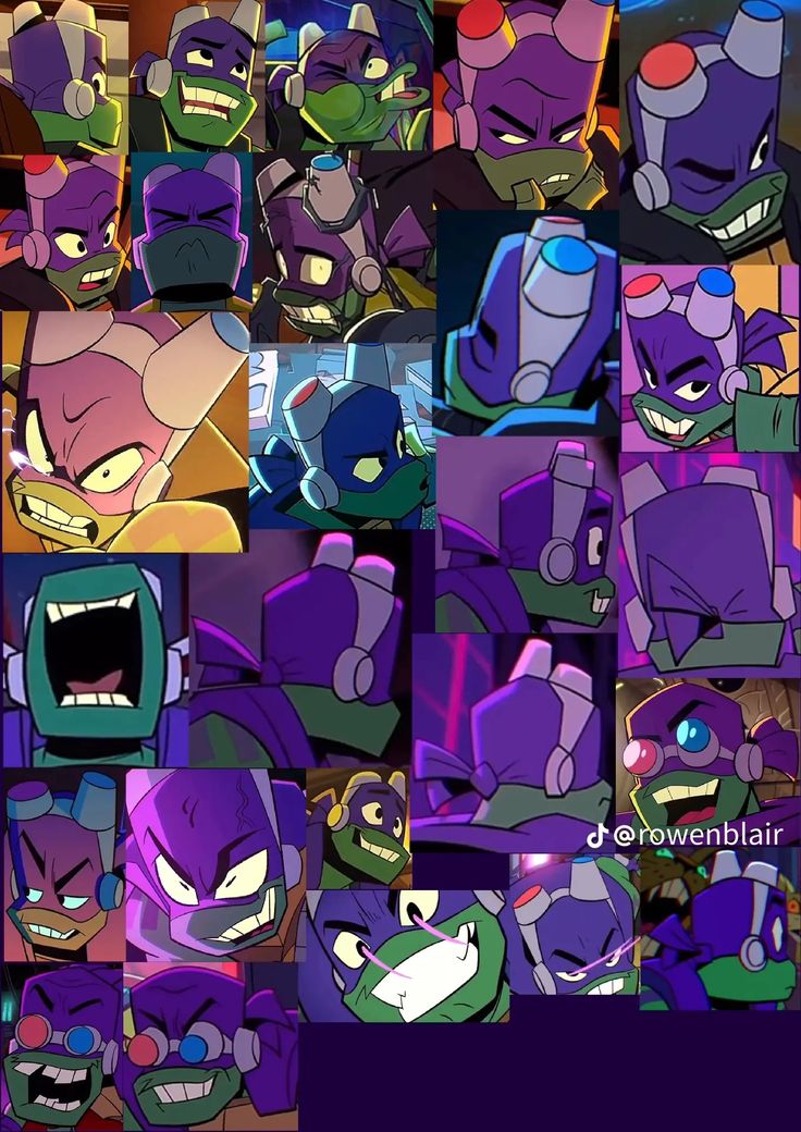 an animated character collage with many different faces and expressions, all in purple tones