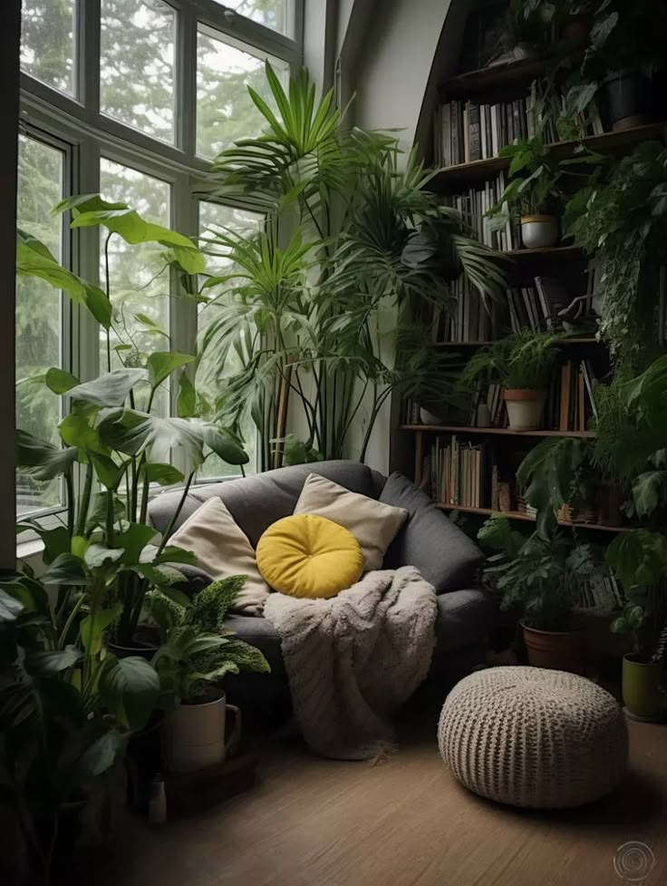 a living room filled with lots of plants next to a large window covered in books