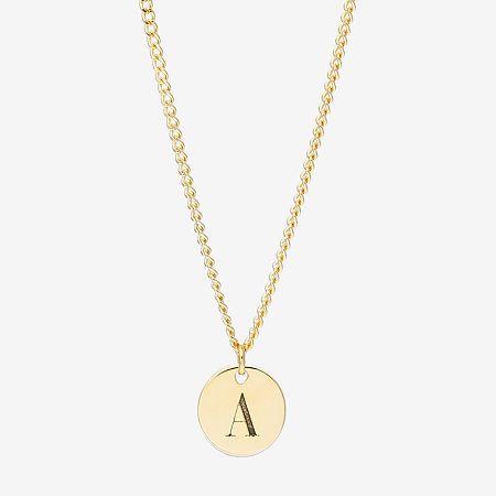 Features: Nickel FreeJewelry Closure: Lobster ClaspLink Construction: SolidMetal Color: YellowChain Length: 16 InchChain Width: 1.2 MillimetersChain Gauge: 014Extender Length: 2 InchPendant Length: 8.6mmChain Construction: CurbCare: Wipe CleanMetal: 14k Gold Over SilverNecklace Type: Name NecklacesOwned & Founded: Women Owned/FoundedAssembled in the US from Imported Materials Classic Engraved Necklaces, Classic Everyday Engraved Necklace, Classic Initial Pendant Jewelry With Adjustable Chain, Classic Jewelry With Initial Pendant And Adjustable Chain, Silver 14k Gold Initial Pendant Necklace, Classic Round Initial Necklace For Gift, 14k Gold Necklace With Adjustable Chain And Round Disc, 14k Gold Round Charm Necklace, Dainty Round Disc Yellow Gold Jewelry