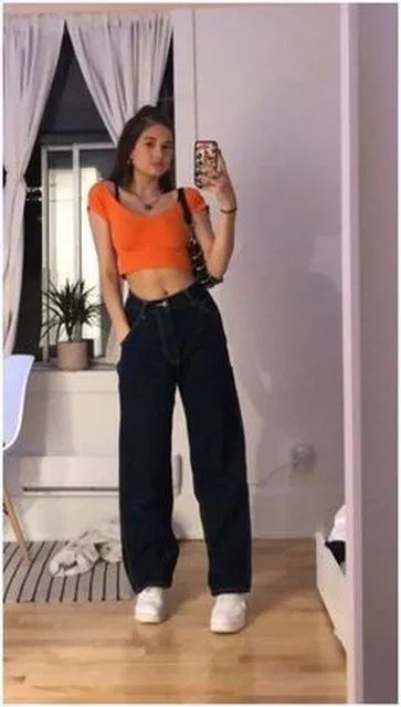 Trendy Spring Outfits, 90s Fashion Outfits, Top Outfit, Orange Top, Teenager Outfits, Outfits Casual, Mode Vintage, Mode Inspiration, Style Outfits