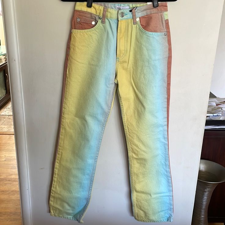 New With Tags! Yellow Straight Leg Jeans For Summer, Multicolor Summer Bottoms With Five Pockets, High Rise Yellow Jeans For Spring, Yellow Relaxed Fit Jeans For Summer, Trendy Multicolor Relaxed Fit Jeans, Multicolor Fitted Jeans For Summer, Yellow High Rise Jeans For Summer, Fitted Multicolor Jeans For Summer, Fitted Multicolor Summer Jeans