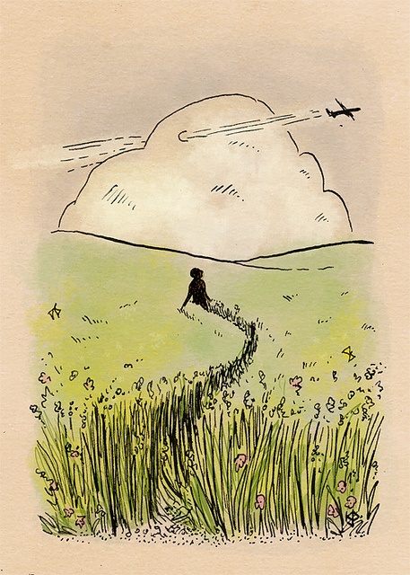 a drawing of a person walking in the grass