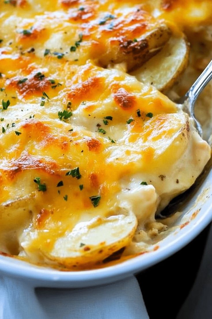 a casserole dish with potatoes and cheese