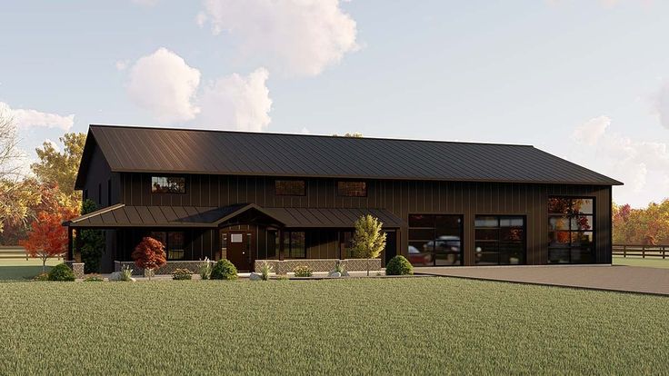 an artist's rendering of the exterior of a large barn style building in autumn