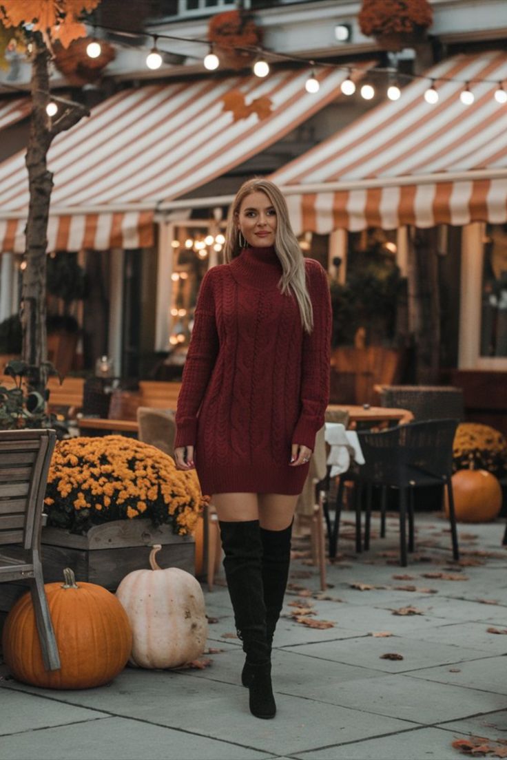 A woman in a deep red knit dress and black thigh-high boots, standing under fairy lights at an outdoor café on a cool fall evening, showing a stylish date night look. Red Sweater Dress With Boots, Knee High Boots With Dress, Date Night Outfit Red, Outfit Ideas Red, Fall Date Night Outfit, Maroon Sweater Dress, Fall Date Night, Red Knit Dress, Date Night Outfit Ideas