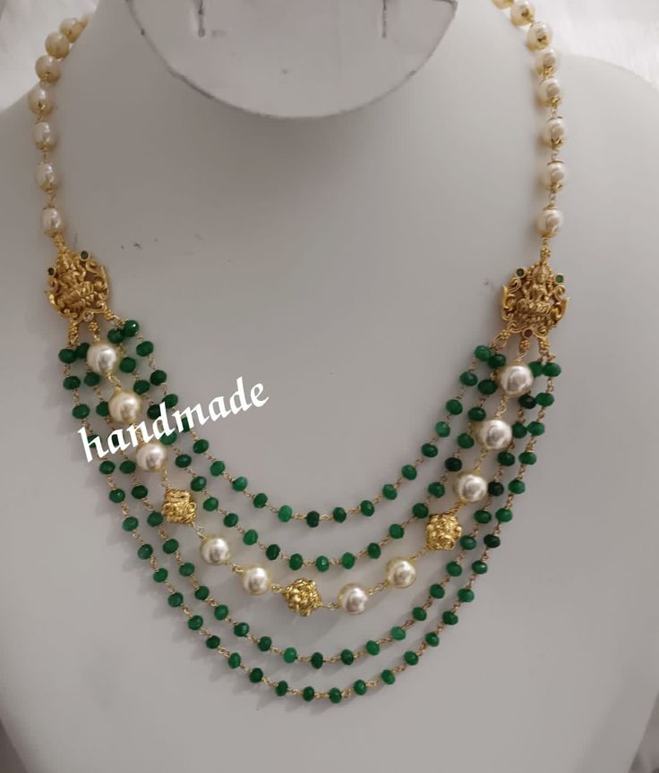 Beads Collection Gold, Pearl Haram Design, Beads Chains Designs, Green Beads Jewellery Designs, Pearl Chain Designs In Gold, Latest Beads Jewellery Designs, Beads Jewelry Indian Gold, Green Pearl Necklace, Beaded Wedding Jewelry