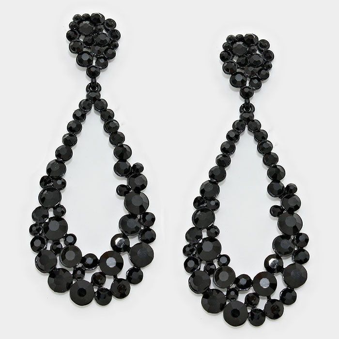 Big Black Crystal Pageant Hoop Earrings Black And Crystal Earrings, Luxury Black Wedding Jewelry, Luxury Black Jewelry For Wedding, Luxury Black Glamorous Earrings, Luxury Black Crystal Embellished Jewelry, Luxury Black Earrings For Statement Piece, Cheap Black Party Earrings, Luxury Black Statement Jewelry, Black Drag Earrings