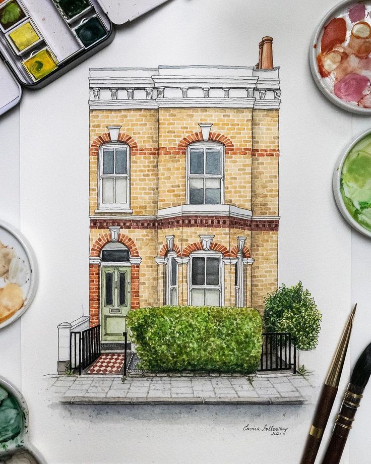 a drawing of a house surrounded by paints and paintbrushes