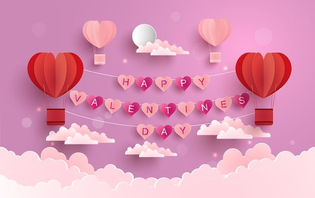 valentine's day card with hot air balloons floating in the sky