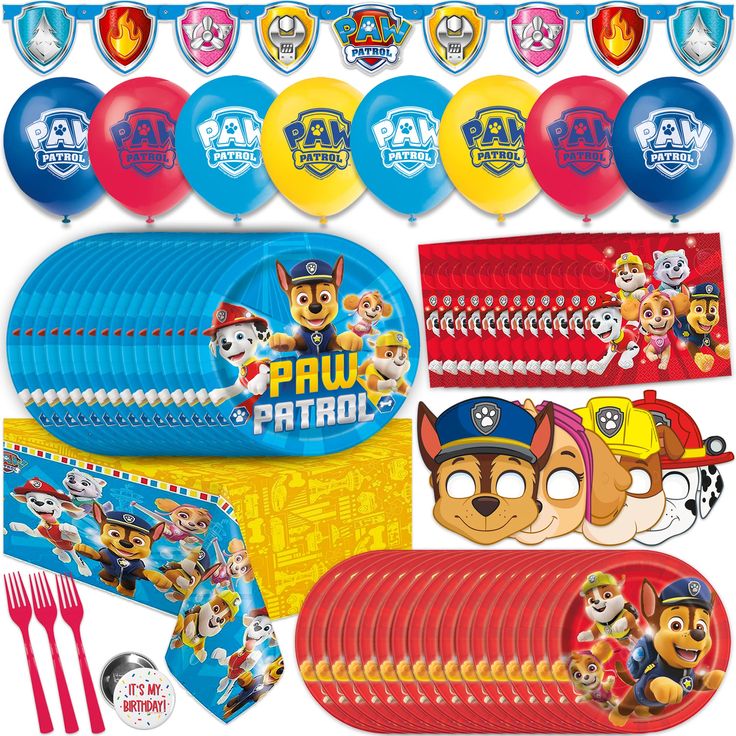 paw patrol birthday party supplies including balloons, napkins and tableware set for 16 guests