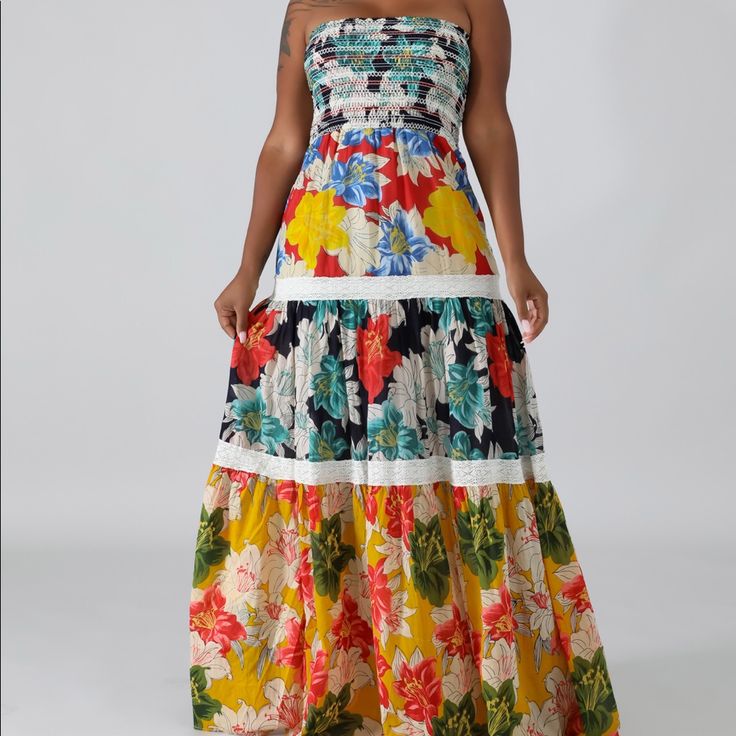 This Dress Has An Elastic Tube Neck! It’s Free And Flows! Very Light Material! Multicolor Tropical Print Sundress For Garden Party, Multicolor Floral Print Strapless Sundress, Multicolor Floral Maxi Sundress, Multicolor Strapless Maxi Dress For Vacation, Strapless Multicolor Maxi Dress For Vacation, Strapless Floral Print Maxi Dress For Casual Wear, Strapless Floral Print Maxi Dress For Dress Down, Strapless Multicolor Maxi Dress For Garden Party, Multicolor Strapless Midi Dress For Vacation