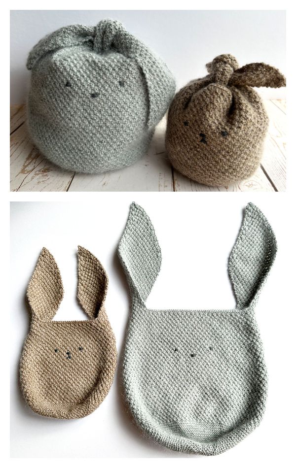 two knitted bags with bunny ears on the top and bottom, one in grey