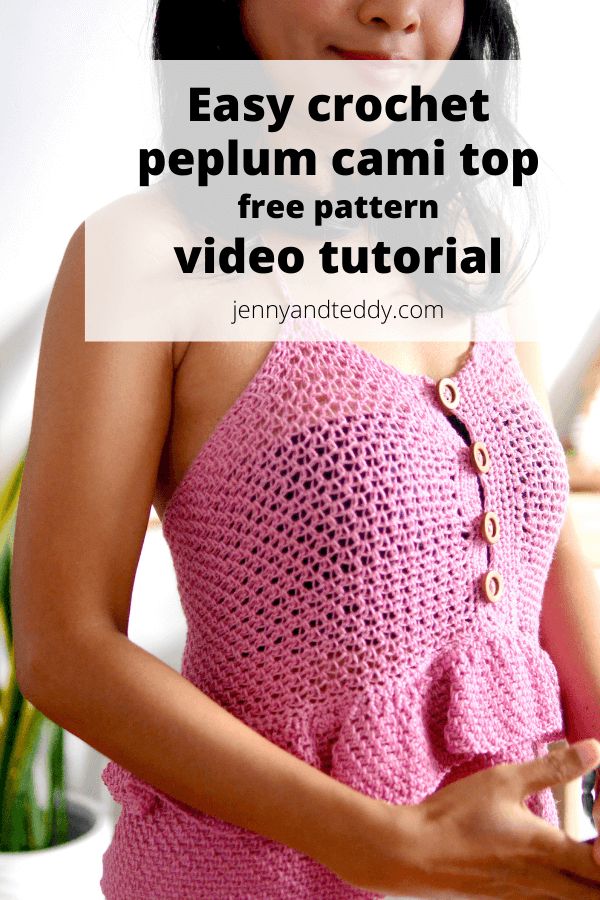 a woman wearing a pink crochet top with text overlay that reads easy crochet pelm cami top free pattern video tutor