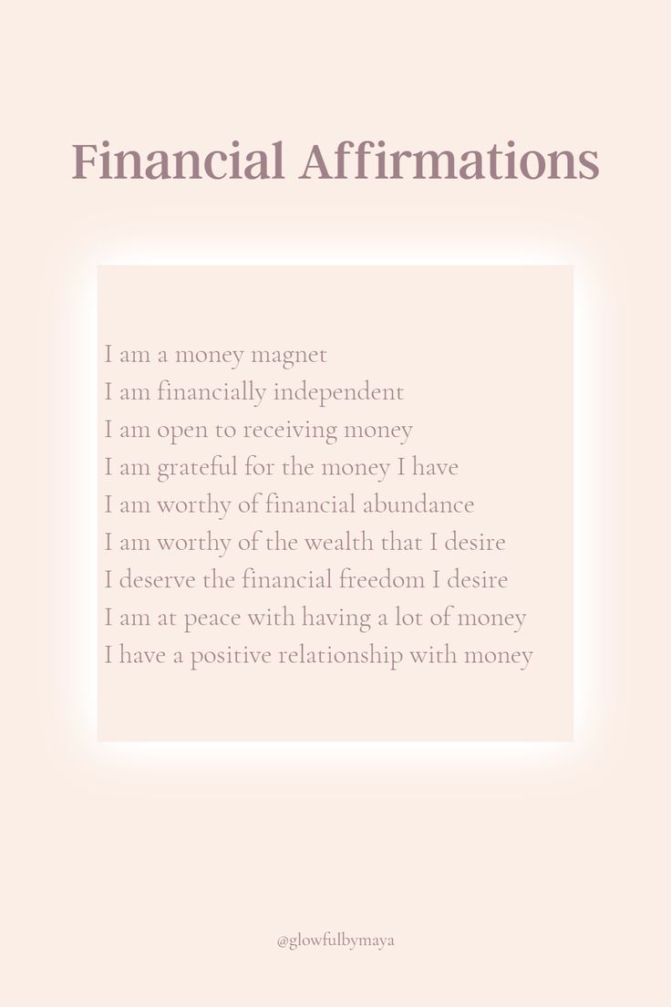 the words financial affirmations written in white on a light pink background with an image of