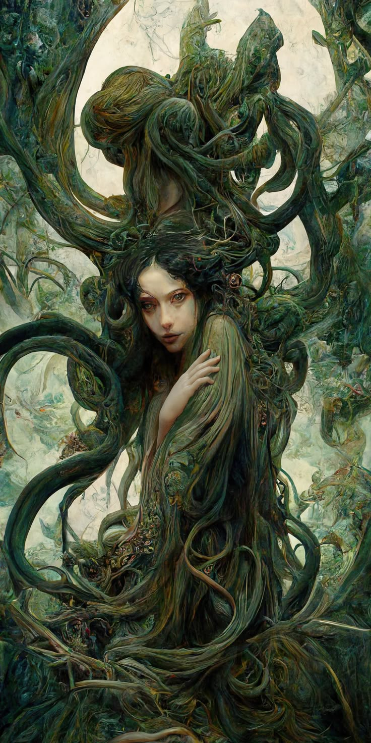 a woman with long hair is surrounded by tentacles