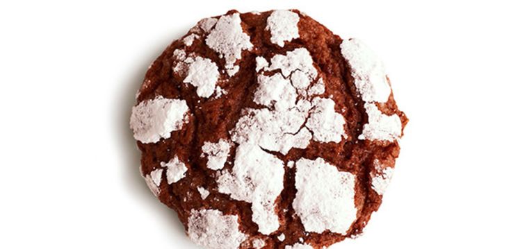 a chocolate crinkle cookie with powdered sugar on top, sitting on a white surface