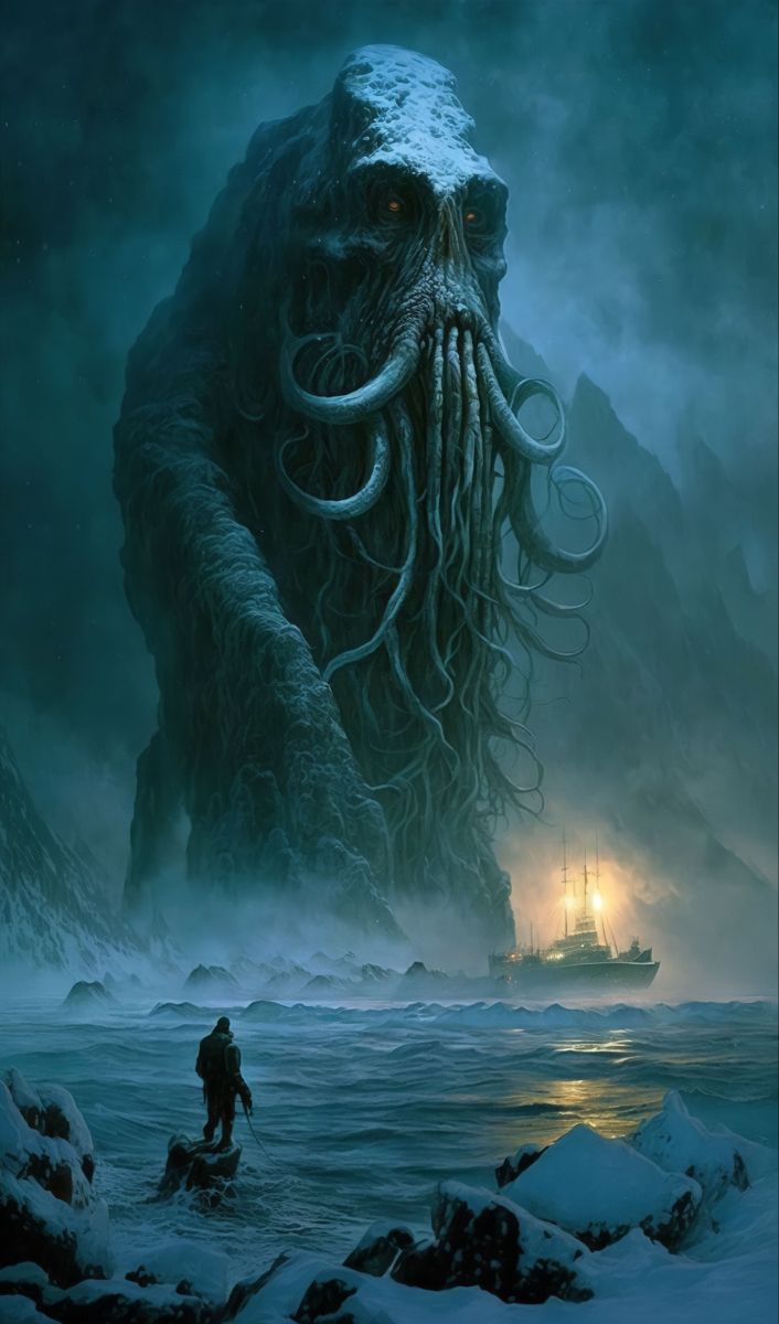 a giant octopus is standing in the snow next to a man with a light on it's head