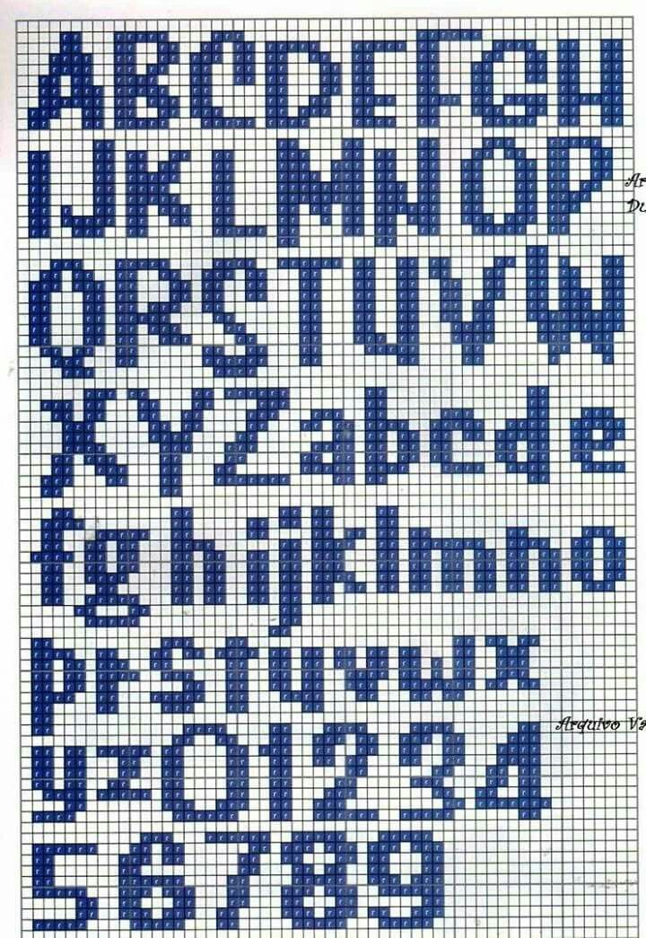 a cross stitch pattern with the letters and numbers in blue, white and black colors